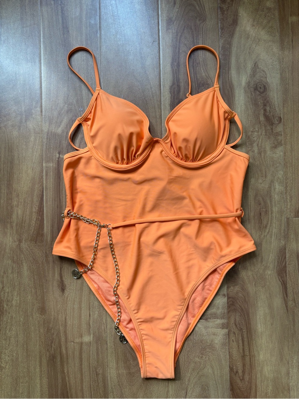 River Island Orange One-Piece Swimsuit with Gold Chain Belt